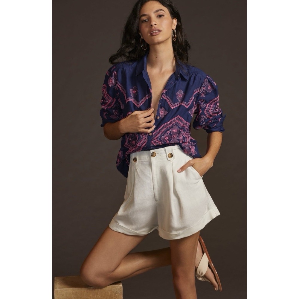 Anthropologie Shirt Top Women's XS Embroidered  Boho Oversized Long Sleeve